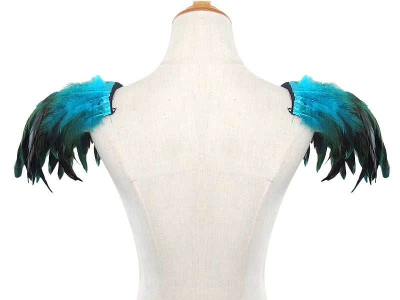 L'VOW Natural Real Feather Epaulet Shrug Shoulder Strap Halloween Costumes Pack of 2 (Acid blue) - Image 4